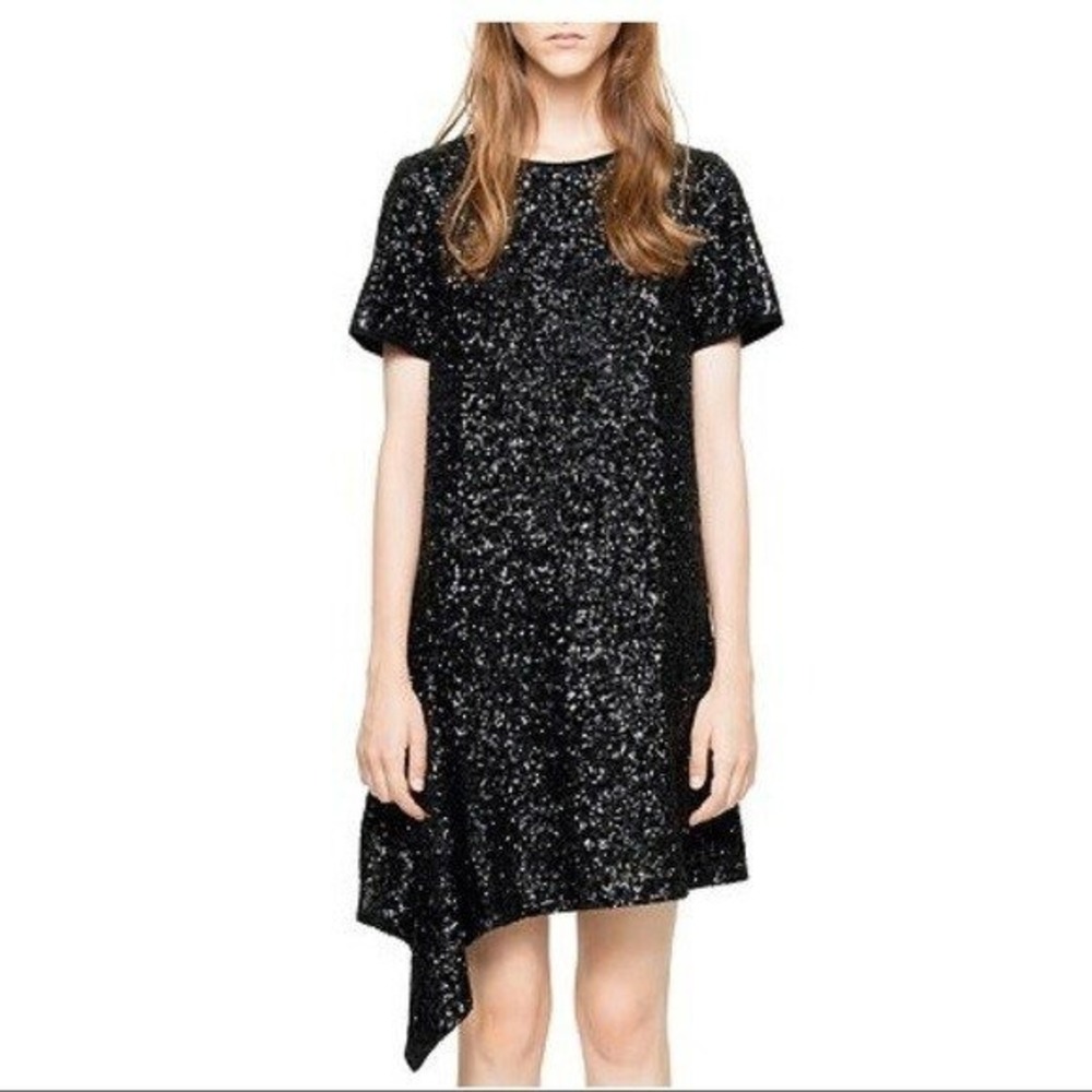 Zadig & Voltaire Deluxe Racine Black Sequin Asymmetric‎ Dress L